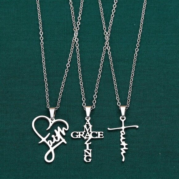 Jewelry - 3 piece Silver Christian Women's Stainless Steel  Faith Related necklaces